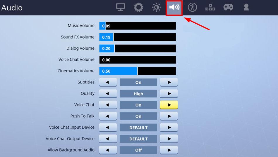 at the top of the screen click the speaker icon to view the audio settings - how to talk to people on fortnite