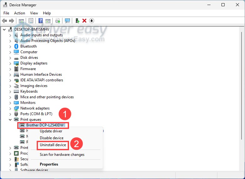 uninstall Brother DCP-L2540DW in device manager