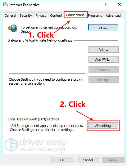 2 navigate to the connections tab select never dial a connection if you see it somewhere below choose settings if you need then click on lan settings - fortnite login failed pc 2019