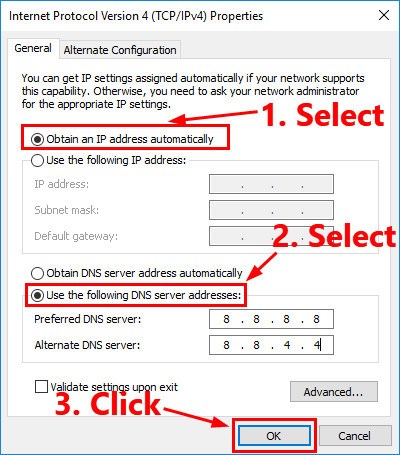 for the preferred dns server enter the google public dns address 8 8 8 8 for the alternative dns server enter the google public dns address 8 8 4 4 - fortnite ip address