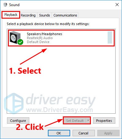 3 click the playback tab select the speakers headphones you re using and click set default - fortnite voice chat aktivieren