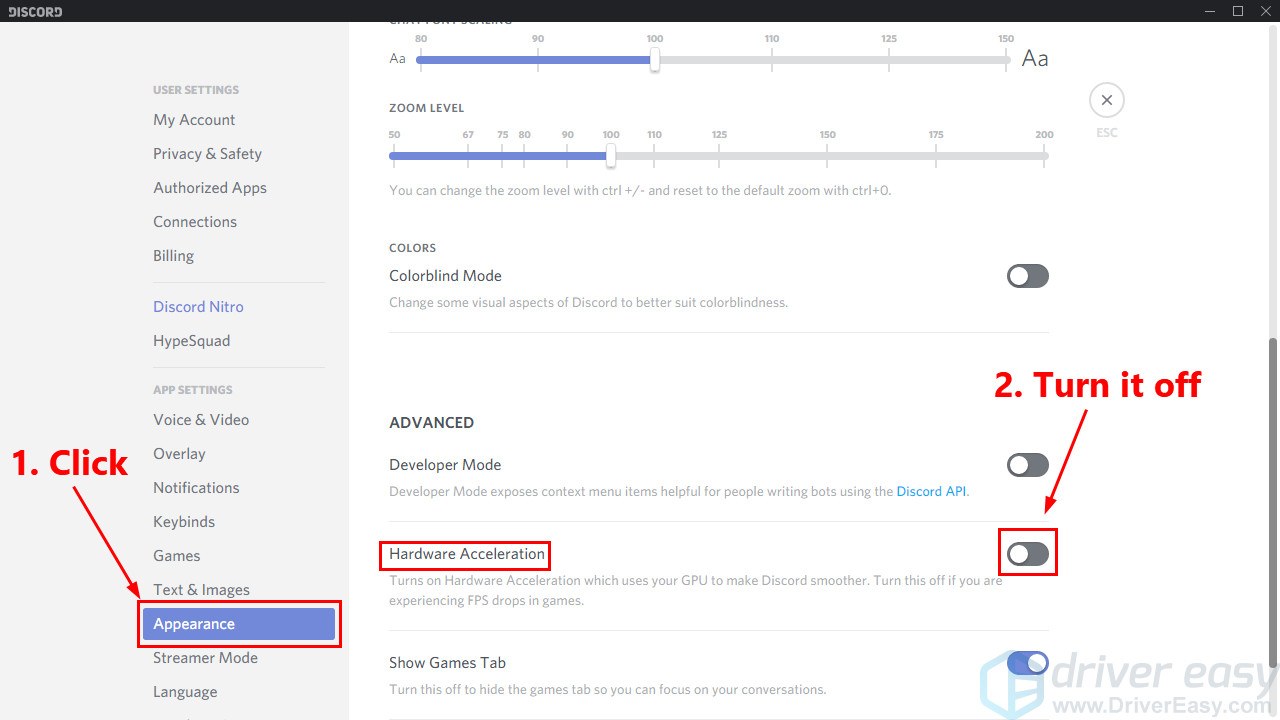 Solved Discord Overlay Not Working Quickly Easily Driver Easy - 2 on the left panel click appearance and then turn off the toggle next to hardware acceleration if you turned it on