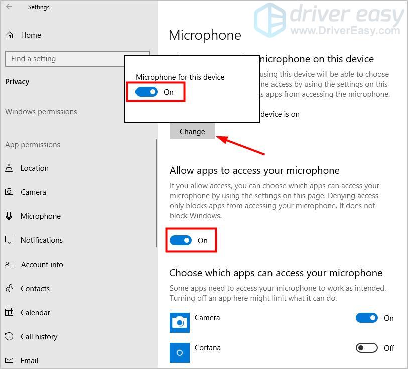 Fortnite Mic Not Working Fixed Driver Easy - in the right pane click the change button and you ll see your mic is turned on also make sure all apps to access your microphone is enabled