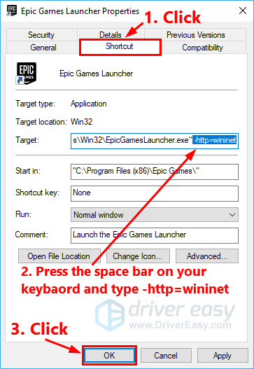 click the shortcut tab in the text box next to target press space bar and add http wininet to the end of its target click ok to save the change - fortnite connection status change