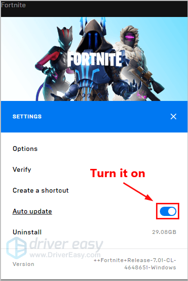 turn on the toggle next to auto update - fortnite create shortcut