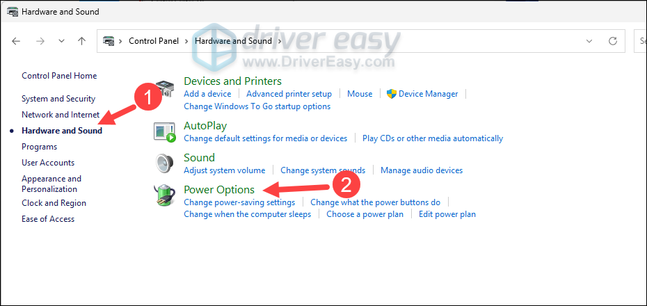hardware and sound change power options windows