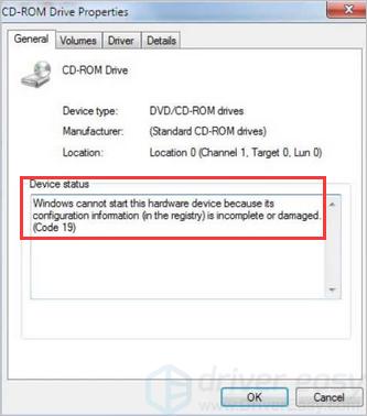 Fix Windows 10 Dvd Cd Rom Error Windows Cannot Start This Hardware Device Because Its Configuration Information In The Registry Is Incomplete Or Damaged Code 19 Driver Easy