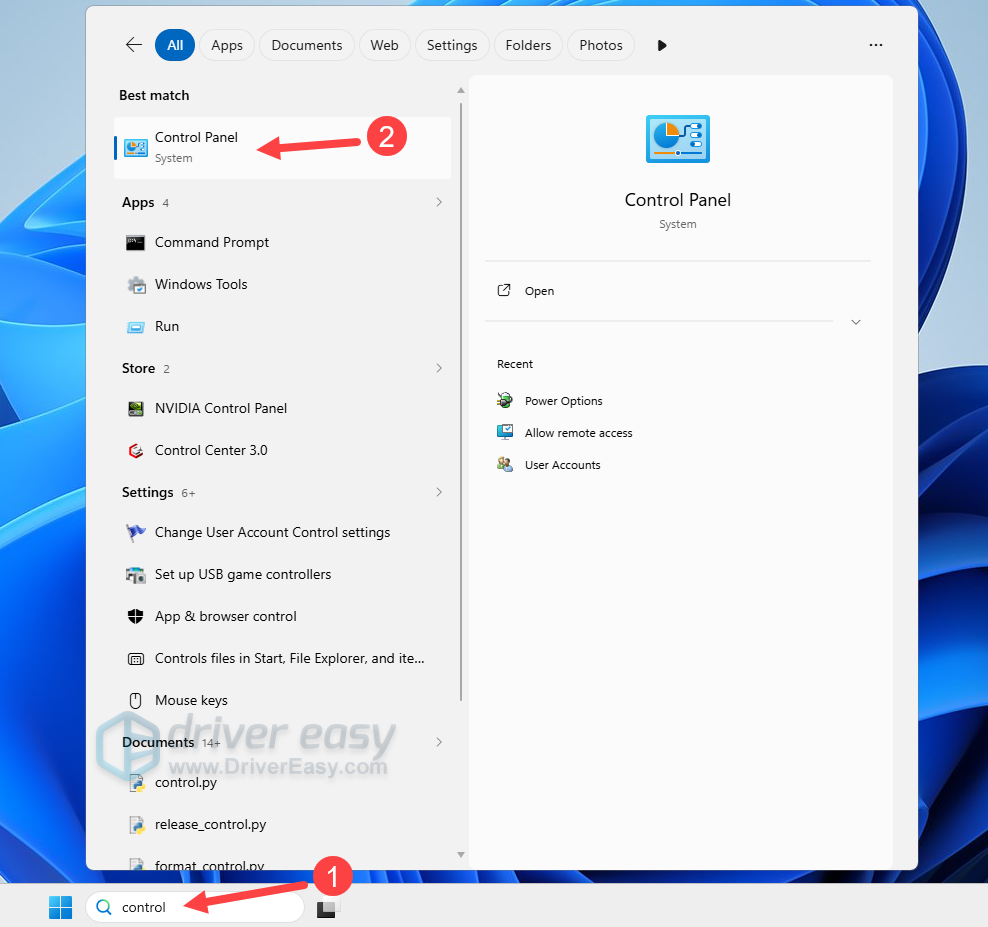 open control panel in windows search bar