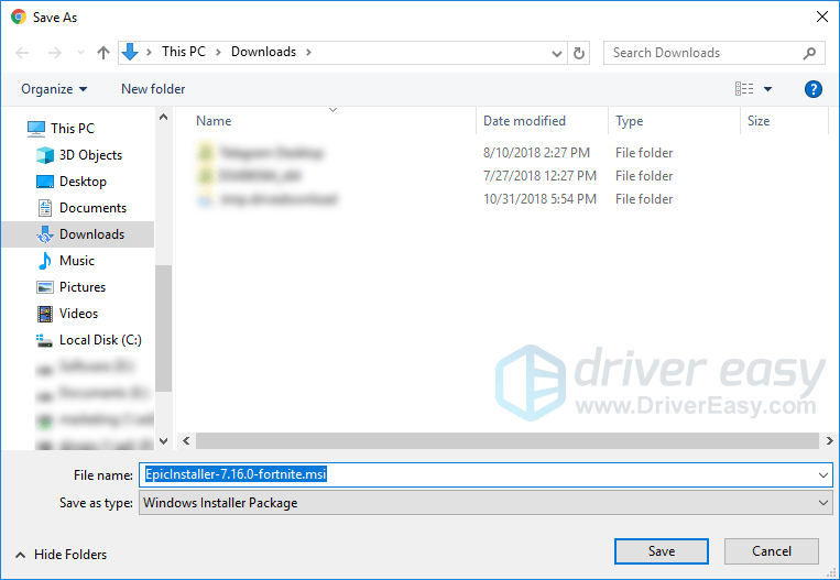 several seconds later you ll see the following window click save to start downloading the installation package of the epic games launcher - fortnite for windows 8