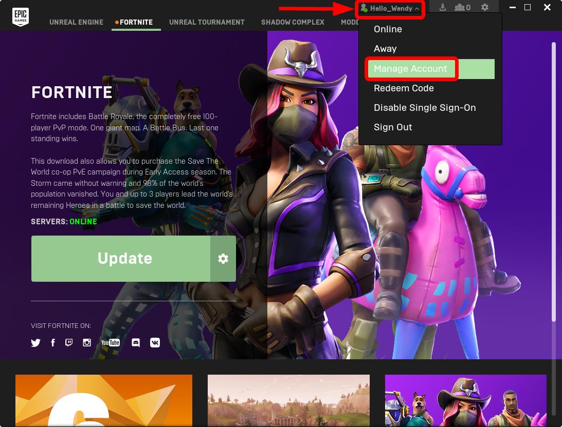 on the top right click your fortnite name then select manage account - how to switch your name on fortnite ps4