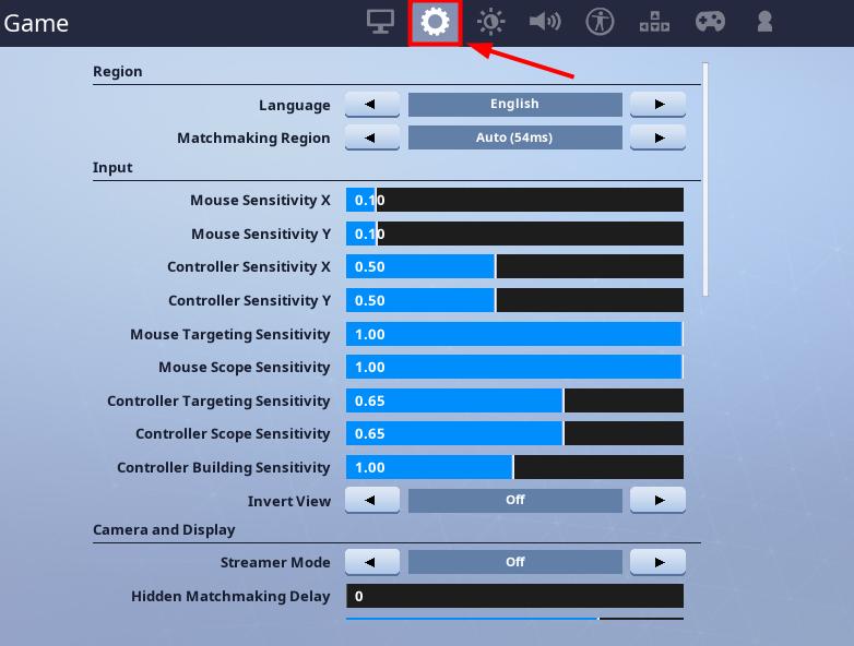 at the top of the screen click the gear icon to view game settings - best sensitivity for fortnite switch 2019