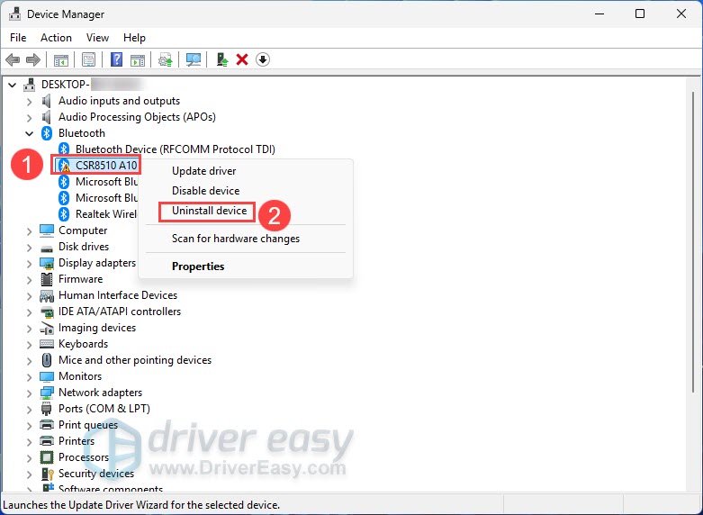 uninstall csr8510 a10 driver in device manager