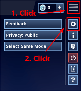 in fortnite click the menu button in the upper right corner then click the gear icon to open the game settings - fortnite spind bilder