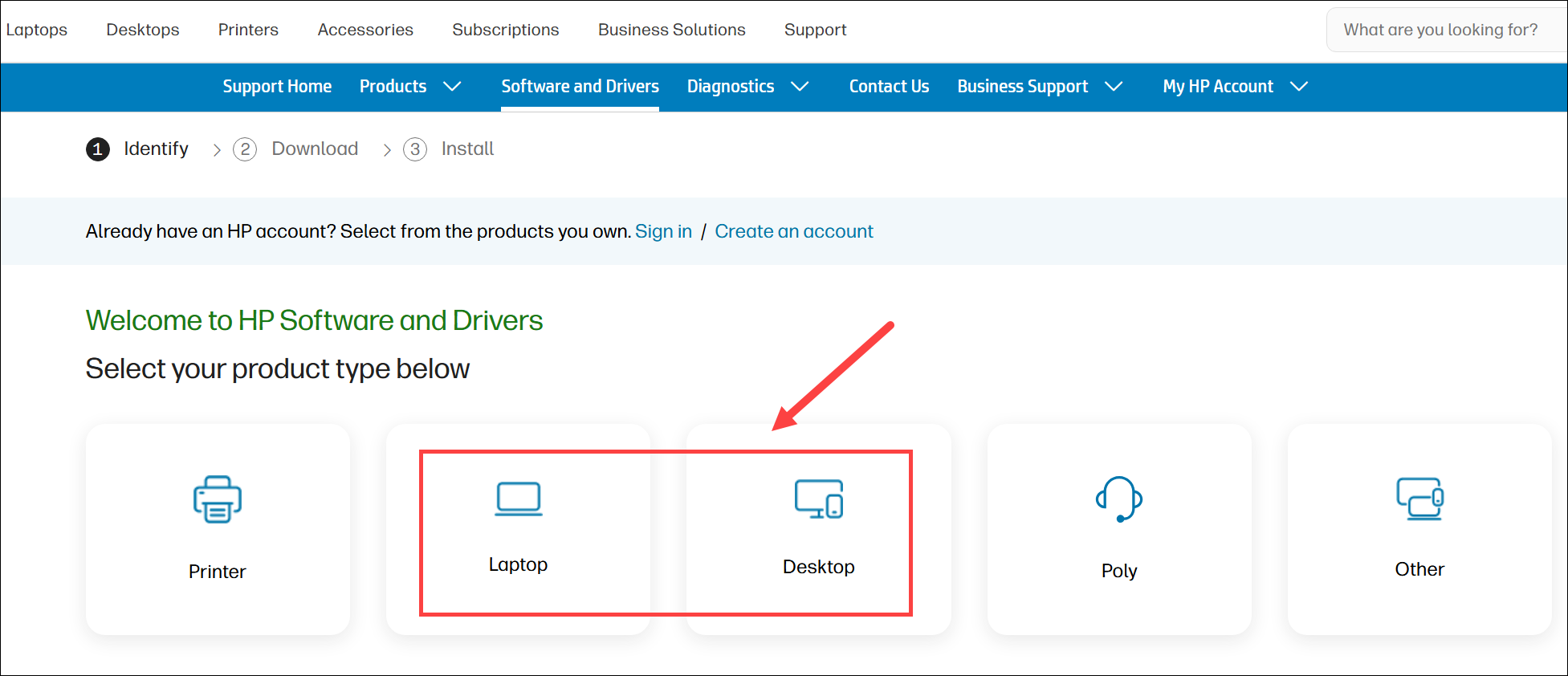 search for laptop or desktop drivers from hp website