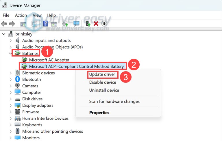 update battery driver in device manager