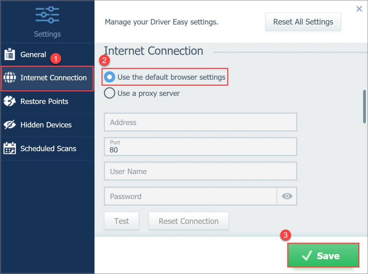 Driver Easy Pro Internet Connection use default browser settings