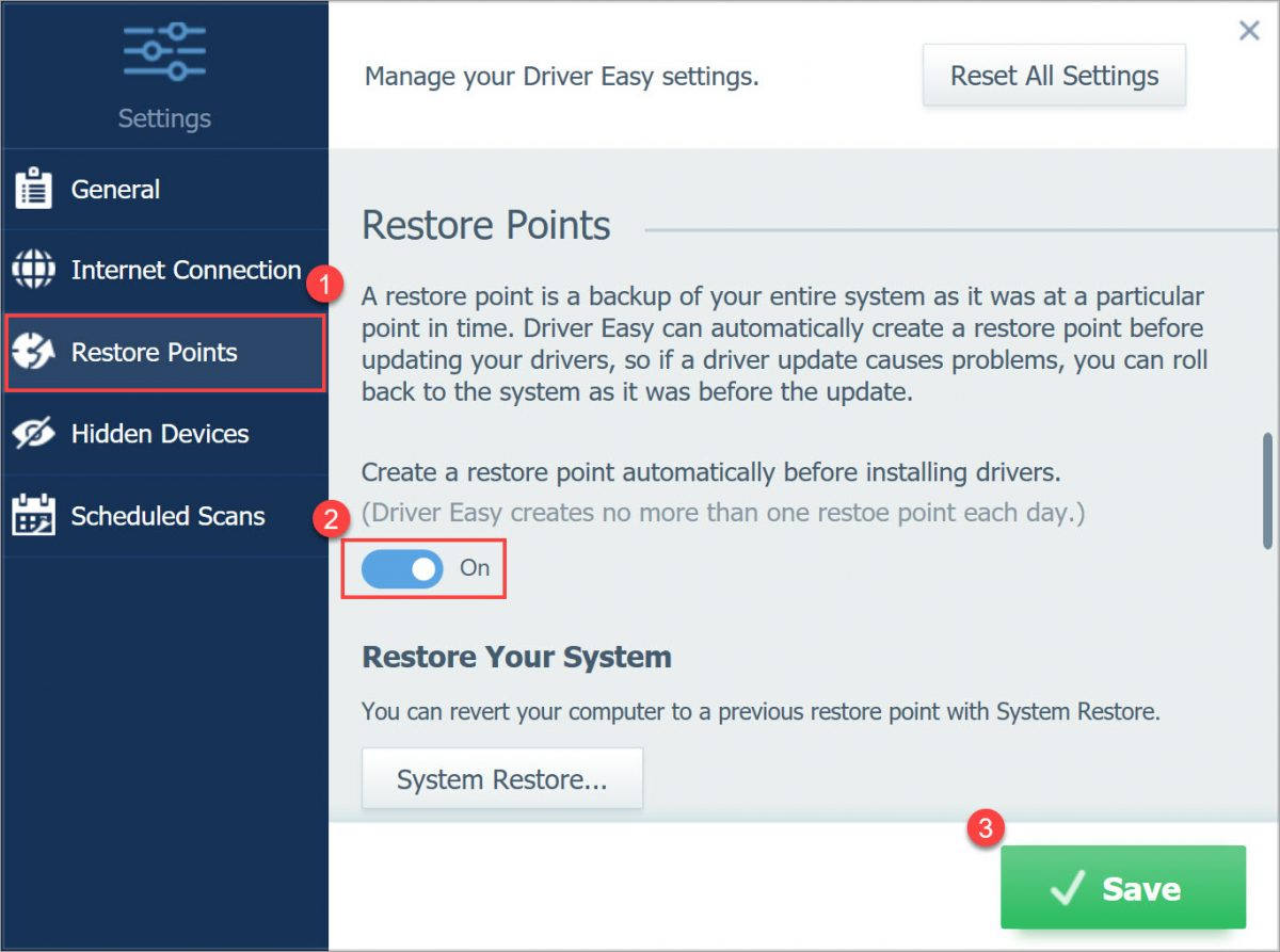 Driver Easy Pro turn on restore points