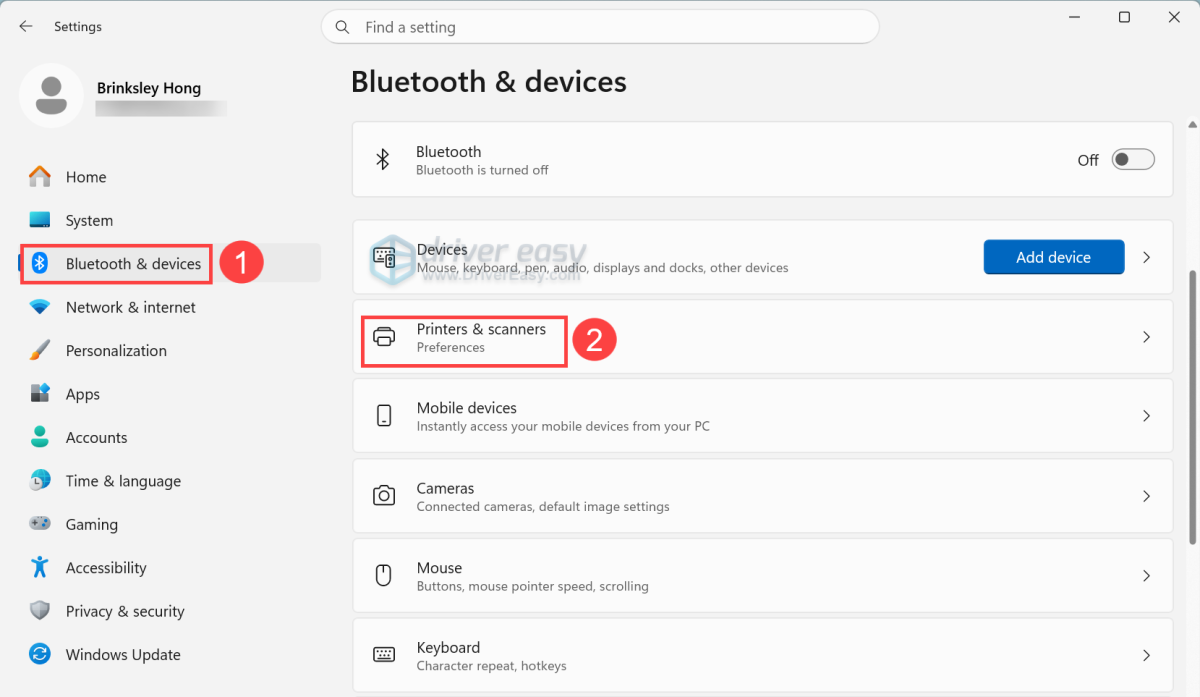 check printers & scanners in windows settings