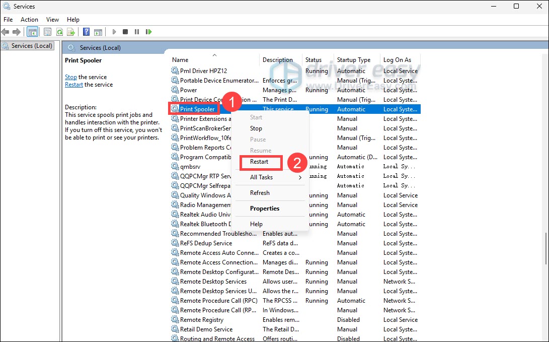 restart print spooler service