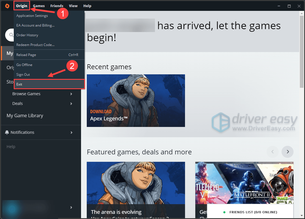 Origin main screen