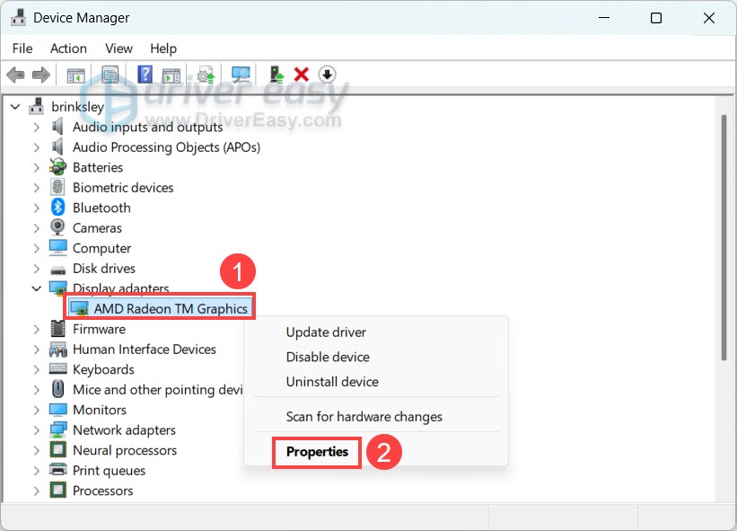 check display adapter properties in windows device manager