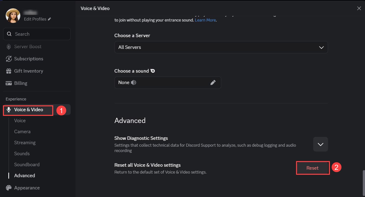 reset voice and video settings in discord