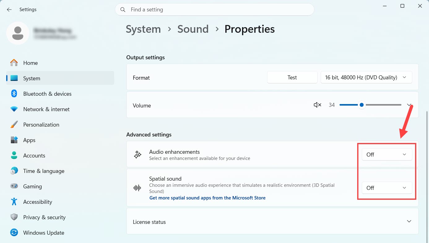 turn off audio enhancements and spatial sound in windows sound settings