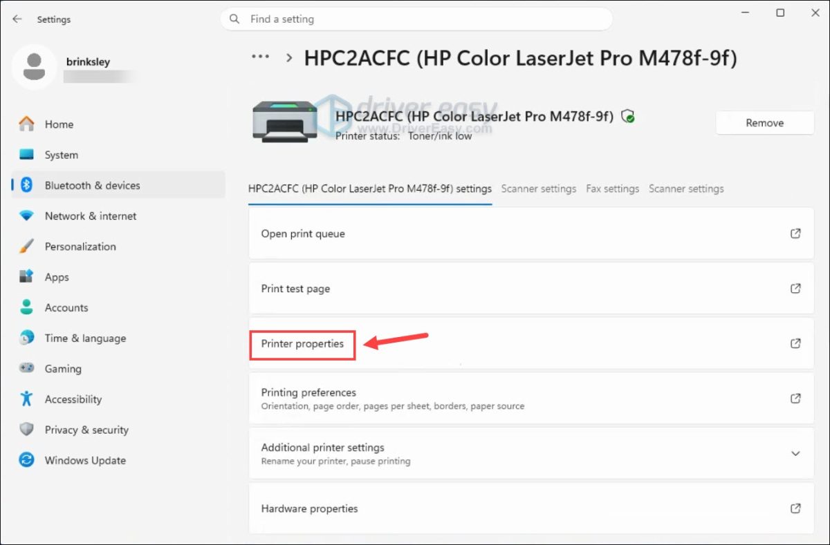 check printer properties on windows settings