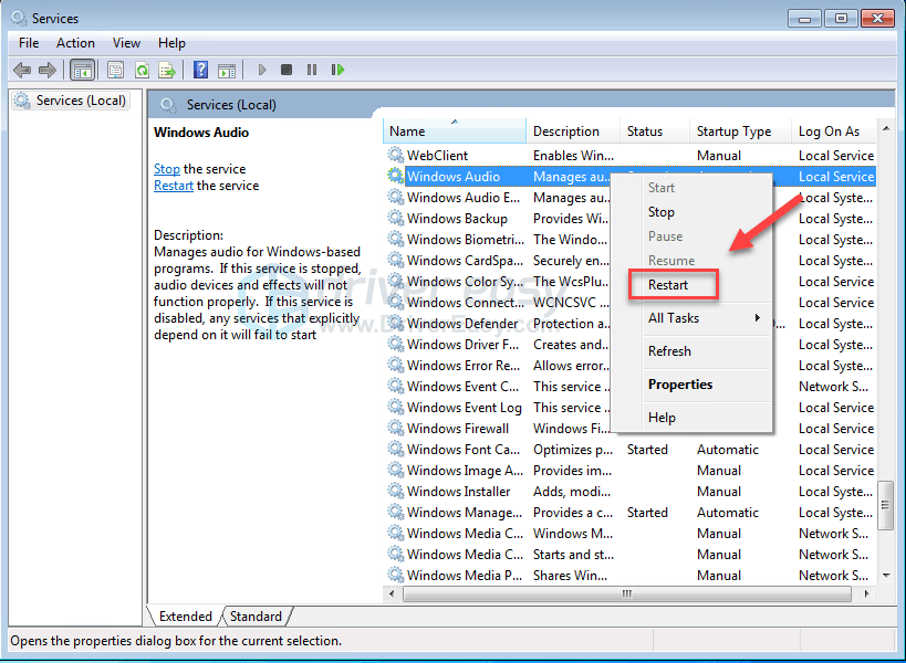 the audio service is not running windows 7