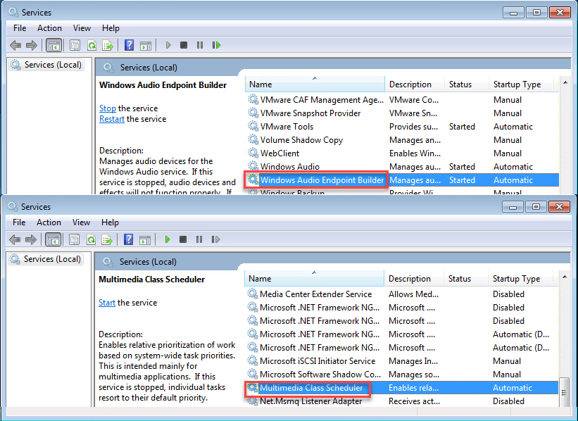 audio services not running windows 7