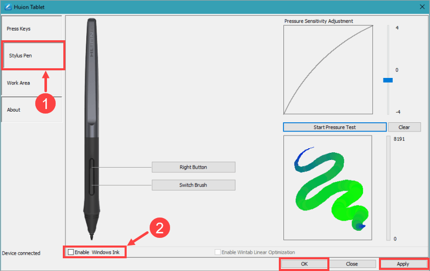 huion gt 190 check cable connection?