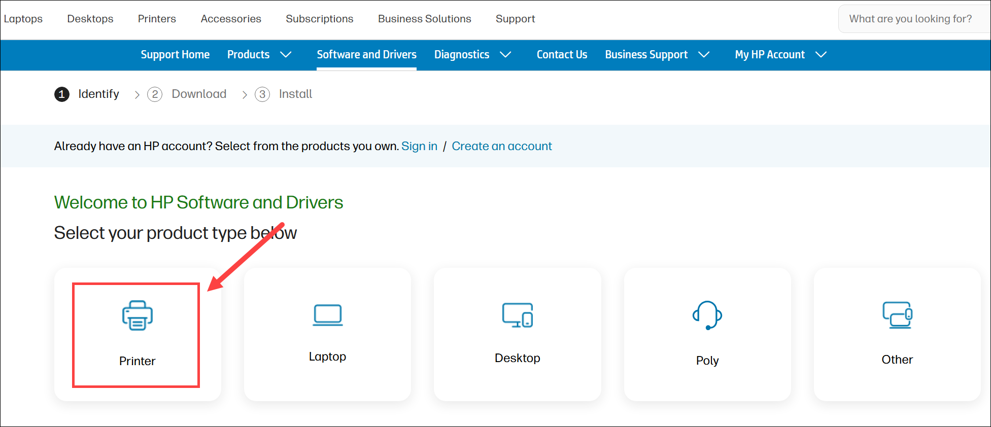 search for printer drivers from hp website