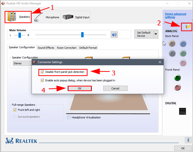 asus realtek audio manager device plugged in and unplugged repeating nothing in jack
