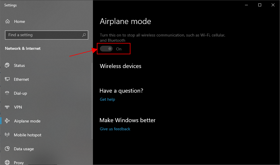 windows 10 airplane mode stuck