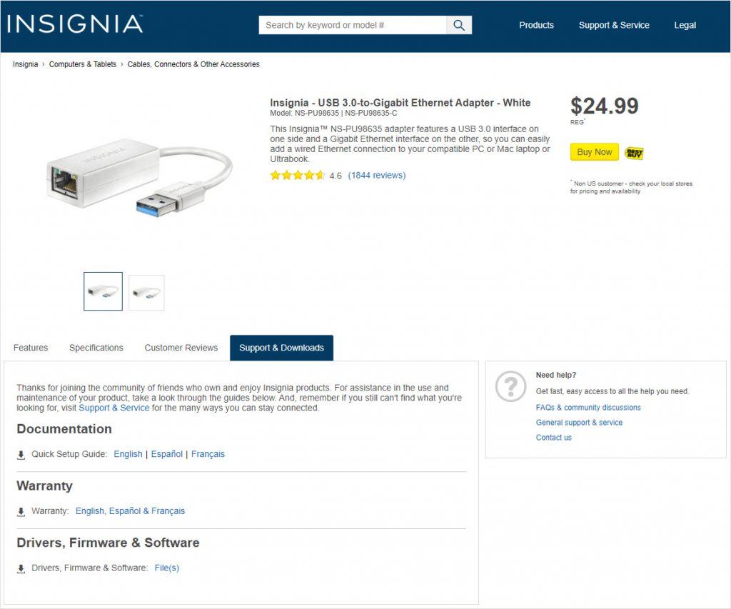 insignia usb to gigabit ethernet adapter driver windows 10