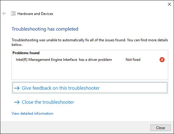 Intel(r) management engine interface has a driver problems