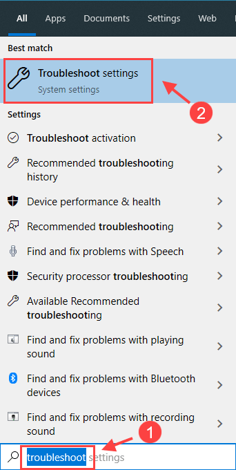 open troubleshoot settings