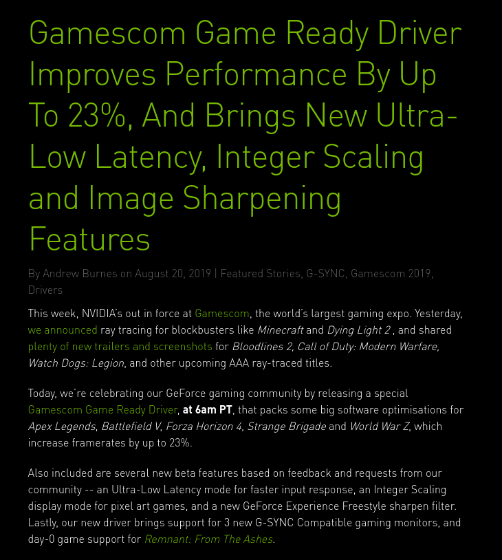 NVIDIA graphics card driver update release notes showing a lot of new features.