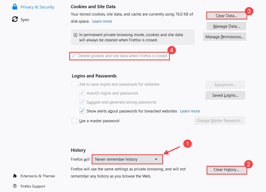 disable private browsing firefox quantum