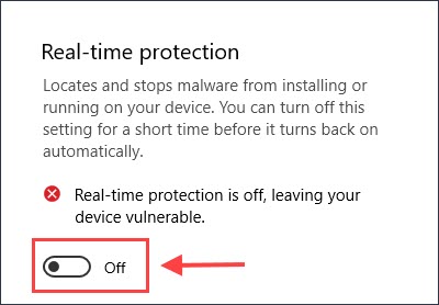 toggle off Real-time protection