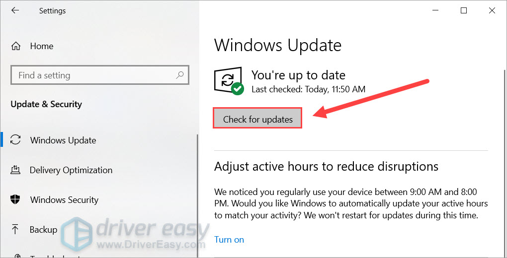 windows security update click check for update
