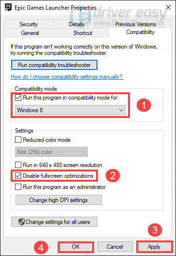 adjust compatibility mode epic games launcher black screen 