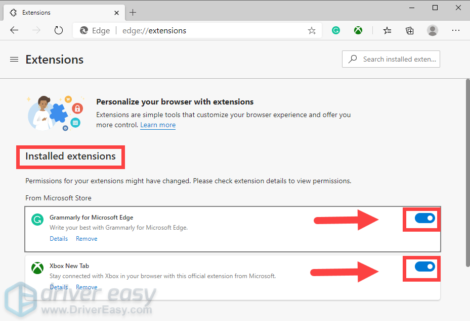 disable extensions in Edge