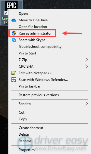 run Epic Games Launcher as administrator