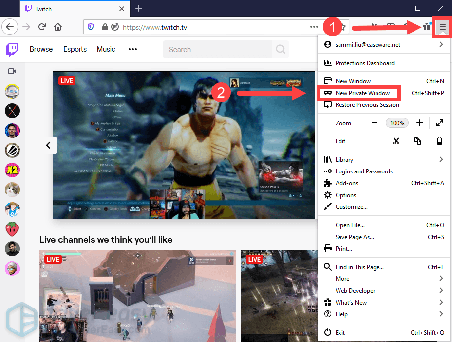 use the incognito mode in Firefox Twitch error 4000