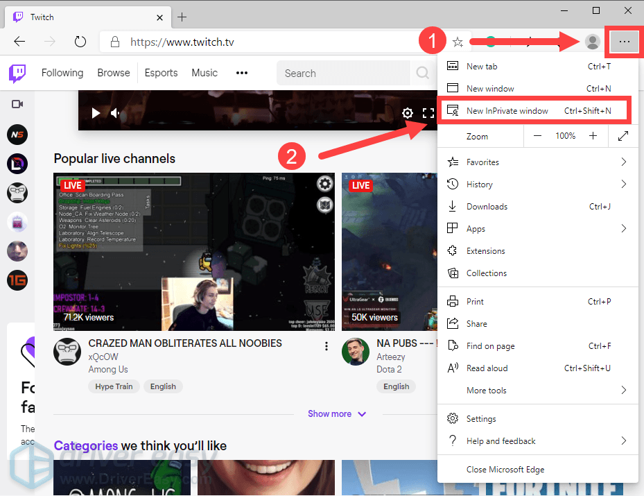 use the incognito mode in Edge Twitch error 4000