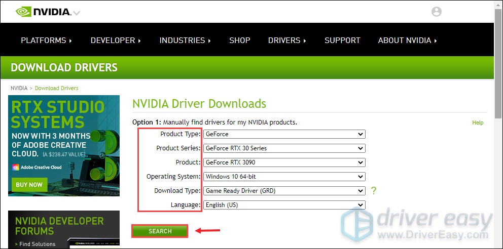 NVIDIA Driver Downloads page