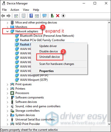 uninstalll wireless network adapter driver via Device Manager