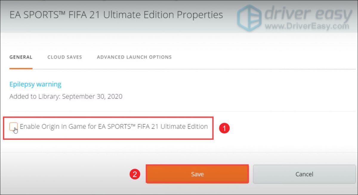 disable in-game overlay on Origin FIFA 21 not launching