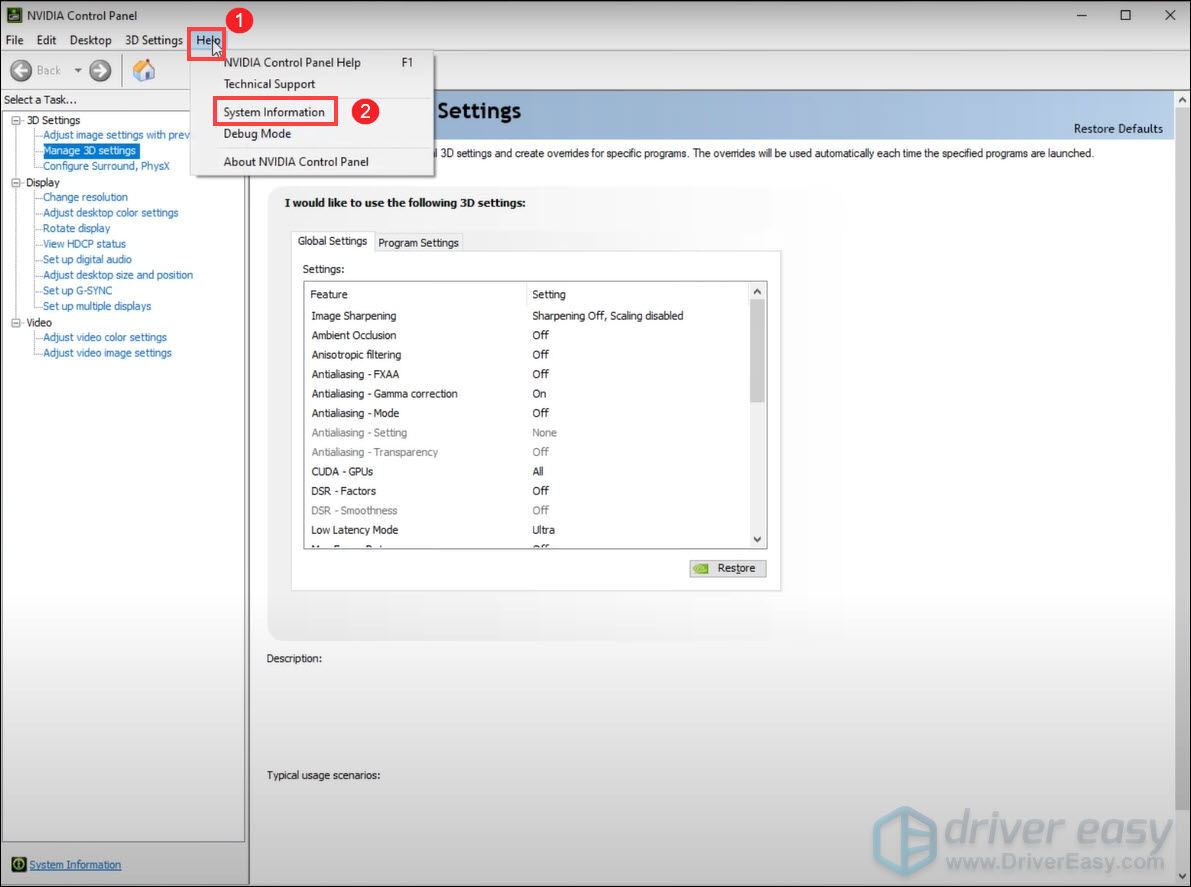 check for system information through NVIDIA Control Panel